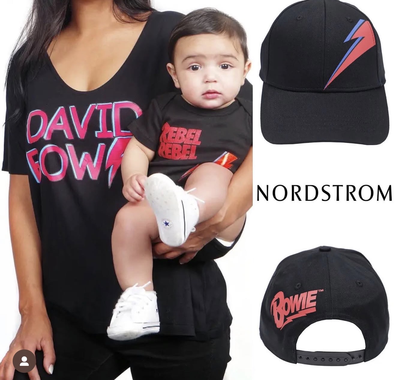 Matching mother and baby David Bowie outfits with a Rebel Rebel bodysuit, beside the Bowie lightning bolt cap sold at Nordstrom