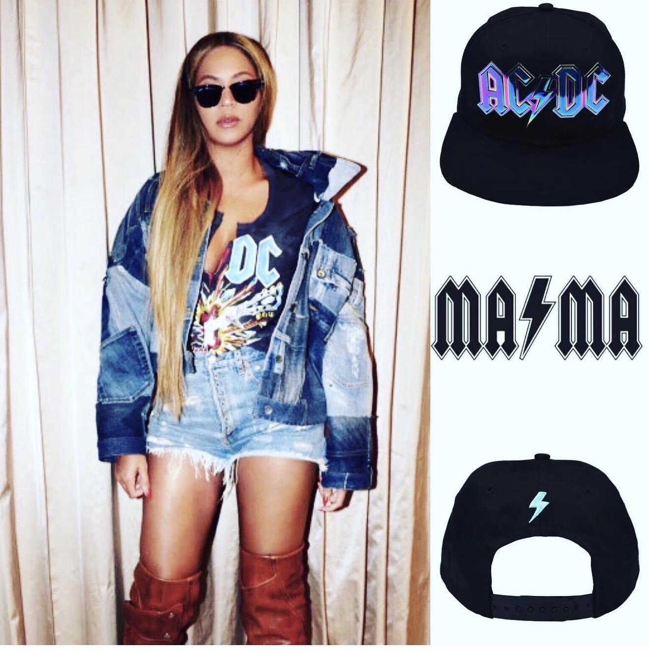 Beyoncé wearing an AC/DC graphic tee with patchwork denim, shown alongside AC/DC and MA-MA lightning bolt caps